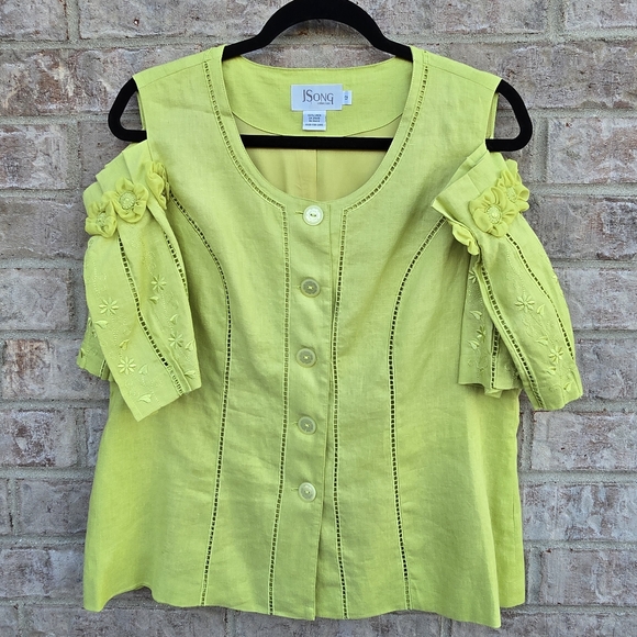 JSong Collection Linen Citron Womens Shirt Embroidered Floral Cold Shoulder S 12 - Picture 13 of 13